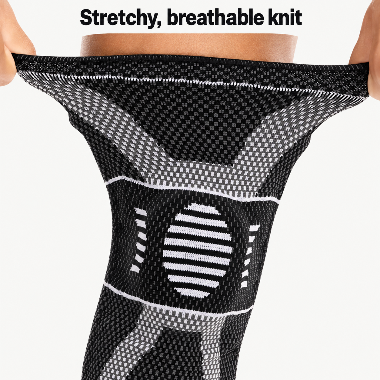 Hands stretching the breathable knit sleeve