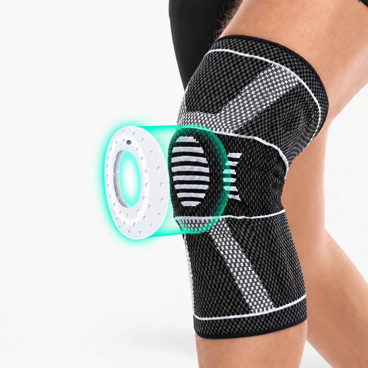 Gel-ring knee sleeve on a knee, with the silicone ring shown